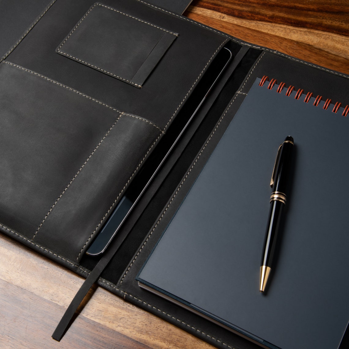 B5 Black Leather Padfolio Journal Cover